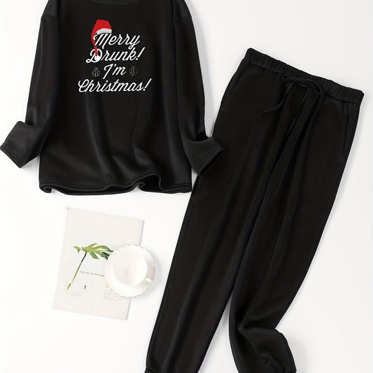  Christmas Lounge Set Hat & Letter Print Top & Tie Pants Pajamas