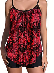 Floral Print Tankini Set Tie Front Cami Top & Shorts Swimsuit 2 Piece