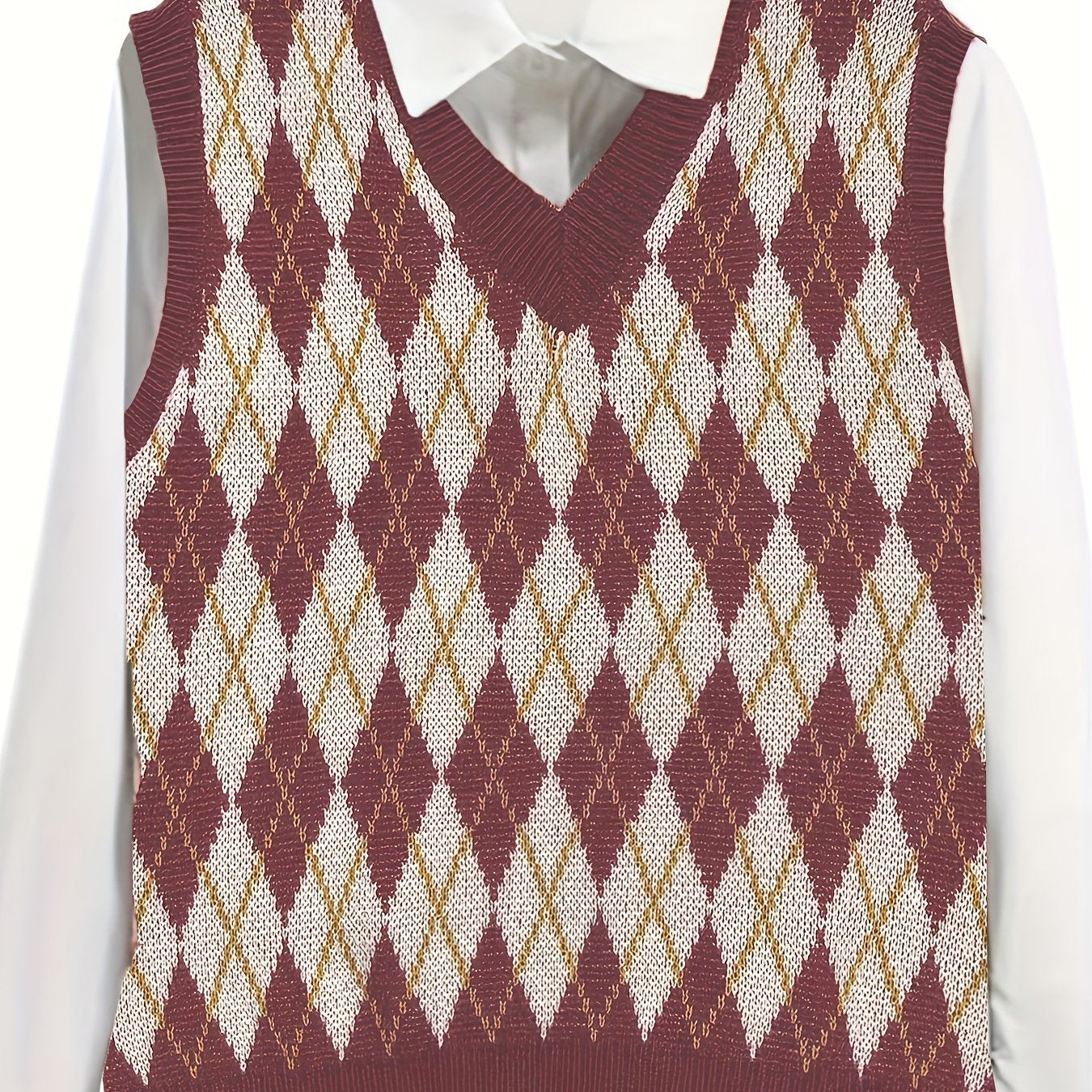  Preppy Knit Vest Women's Plus Argyle Print V Neck Knit Vest