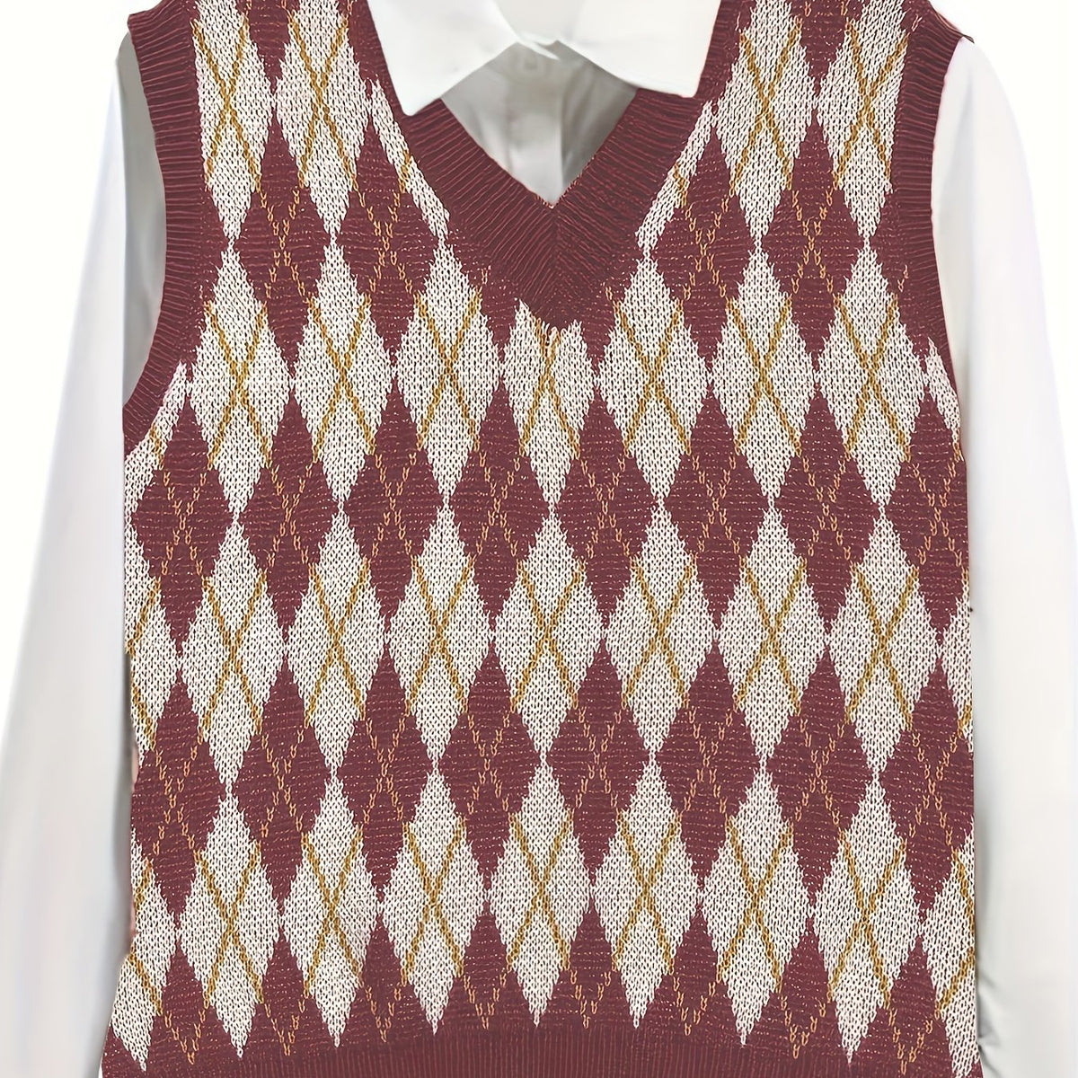  Preppy Knit Vest Women's Plus Argyle Print V Neck Knit Vest