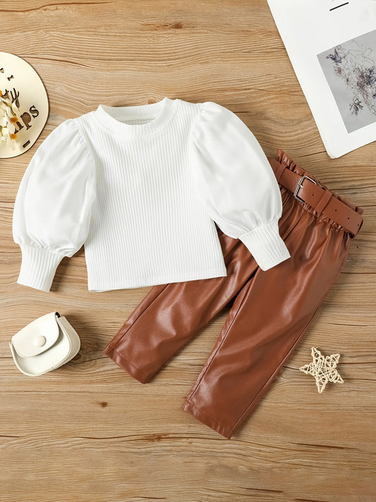 2pcs Baby Girls Ribbed Top & Leather Pants Set Kids Clothes