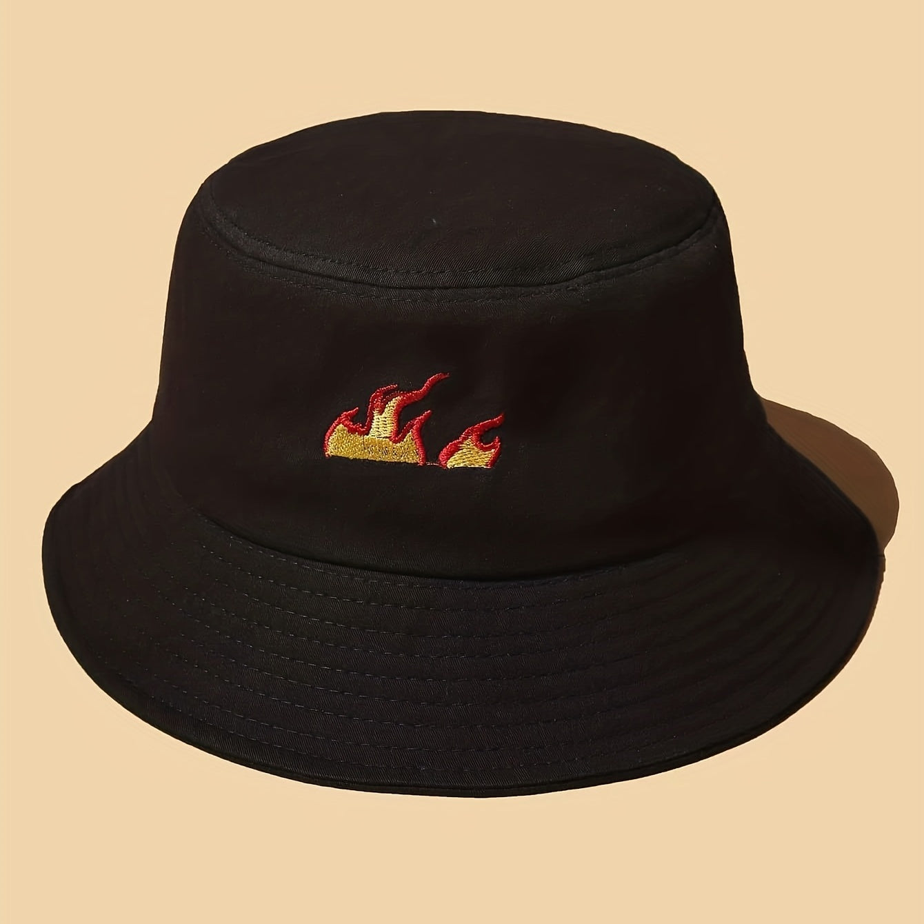Flame Embroidery Bucket Hat Casual Hip Hop Basin Hat Solid Unisex Fisherman Cap