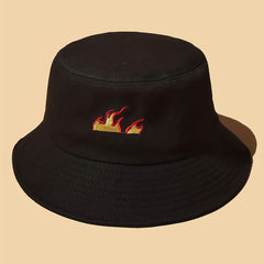 Flame Embroidery Bucket Hat Casual Hip Hop Basin Hat Solid Unisex Fisherman Cap