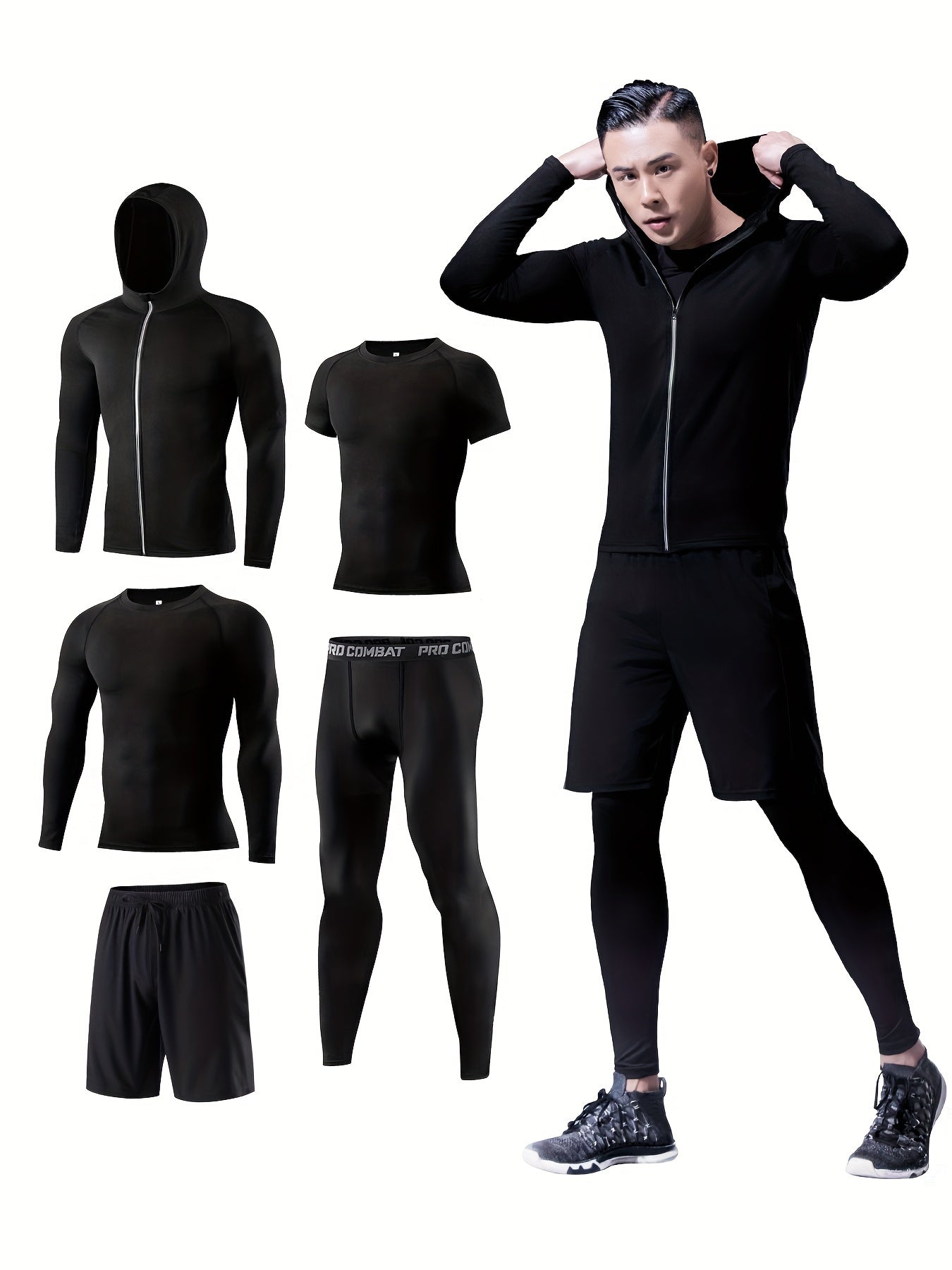 Men's Sports Set: Zip Up Hoodie Jacket & T-shirt & Shorts