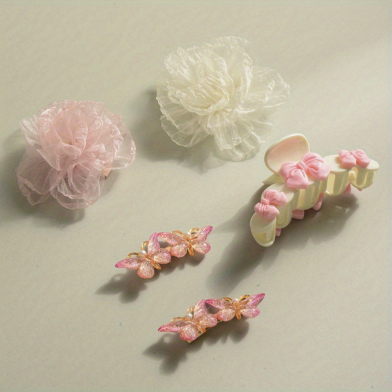 5pcs Sweet Hair Accessories Set Organza Flower Hair Clip Butterfly Shaped Duck