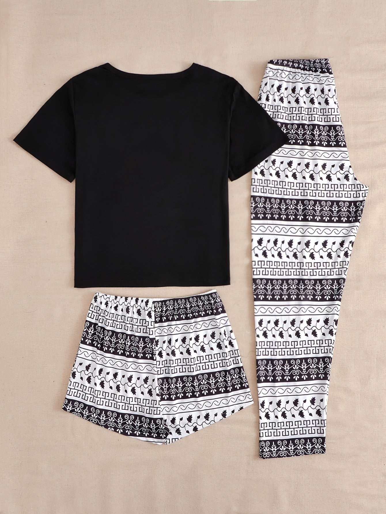 Elephant Print Pajamas Set Short Sleeve Crew Neck Top & Shorts & Pants