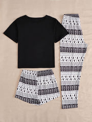 Elephant Print Pajamas Set Short Sleeve Crew Neck Top & Shorts & Pants