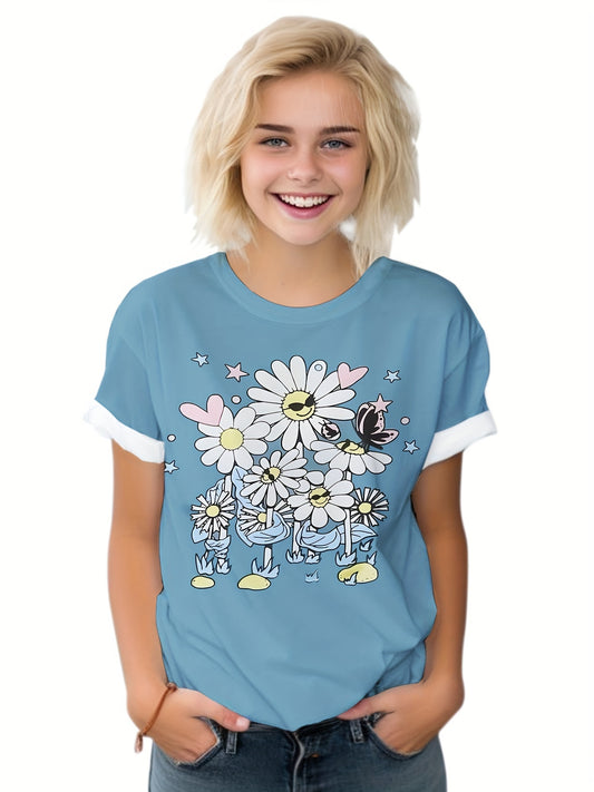 Flower Graphic Short Sleeve T shirt for Summer Sports