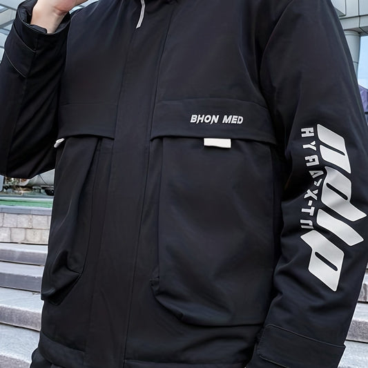 Men's Big Pocket Hooded Jacket Solid Zip Up Cotton Padded Jacket For Fall Winter