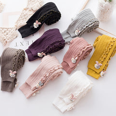 Girls Side Frill Trim Knit Leggings Flower Bunny Footless Tights Pants