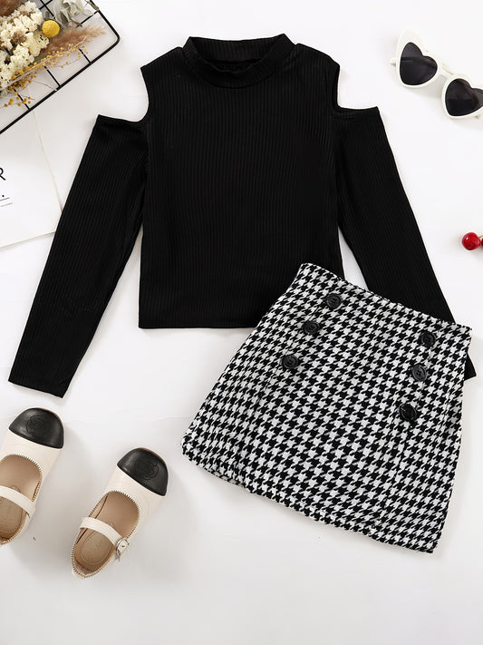 Girls Cold Shoulder Long Sleeve Top Houndstooth Skirt Set