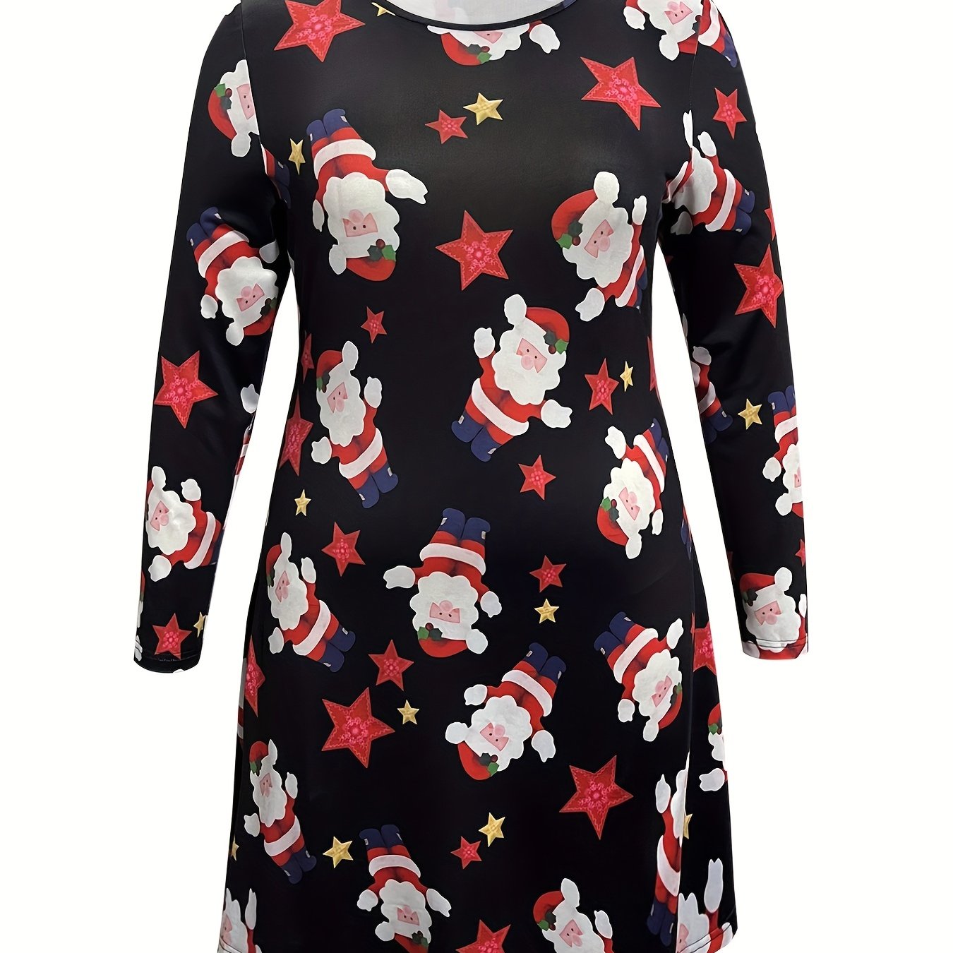  Christmas Dress Women's Plus Santa Star Print Long Sleeve Dress