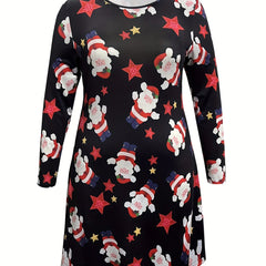  Christmas Dress Women's Plus Santa Star Print Long Sleeve Dress