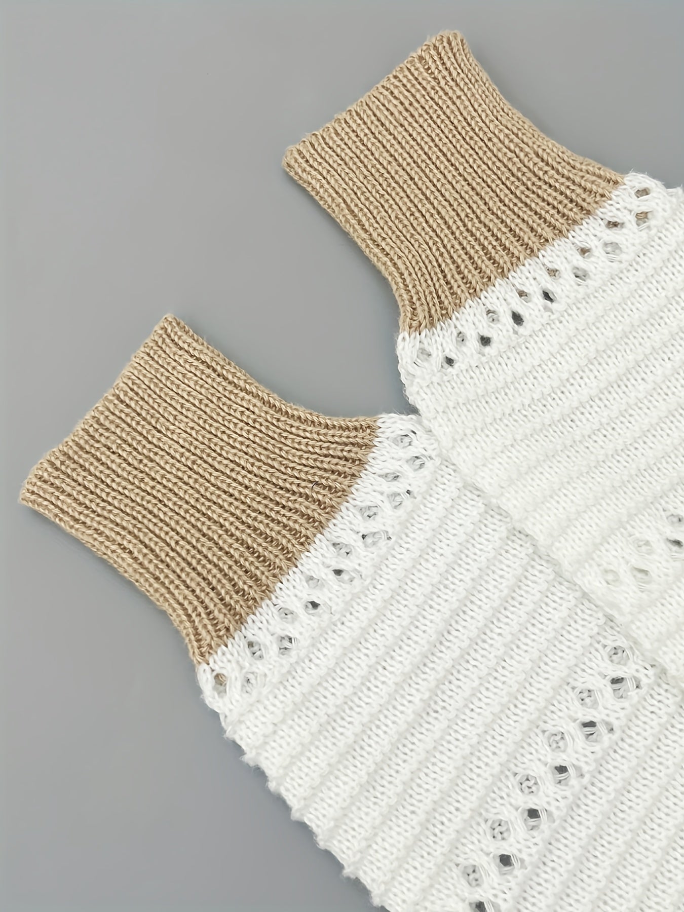 Block Crochet Knit Sweater Casual Crew Neck Long Sleeve Sweater