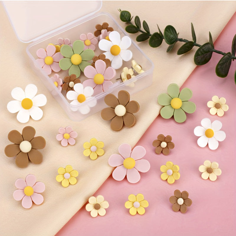 30pcs Colorful Flower Pattern Thumbtacks, Various Sizes for Softwood Walls