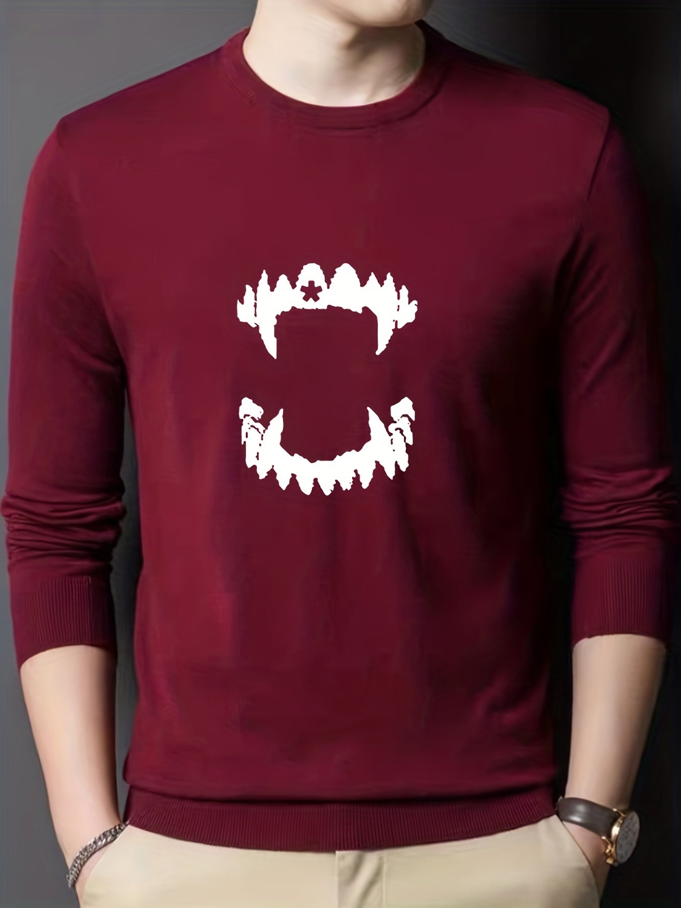 Teeth Print Knitted Sweater Men's Warm Crew Neck Pullover for Fall Winter