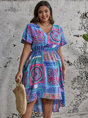  Colorblock Scarf Print V-Neck Stretch Dress
