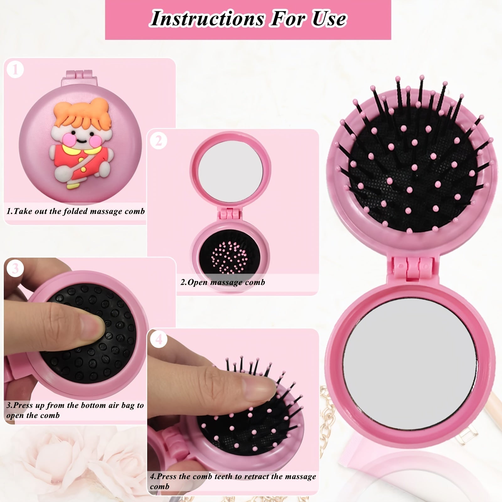 Compact Folding Hair Brush with Mirror - Travel & Makeup Mini Comb