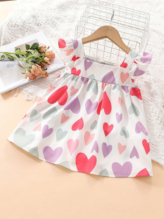 Colorful Heart Graphic Fly Sleeve Dress for Baby Girls