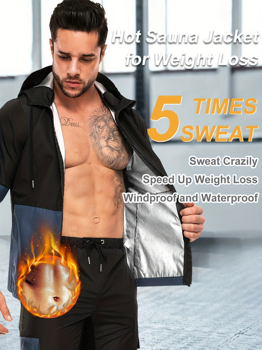Men's Sauna Sweat Jacket Block Hooded Workout Clothing for Gym