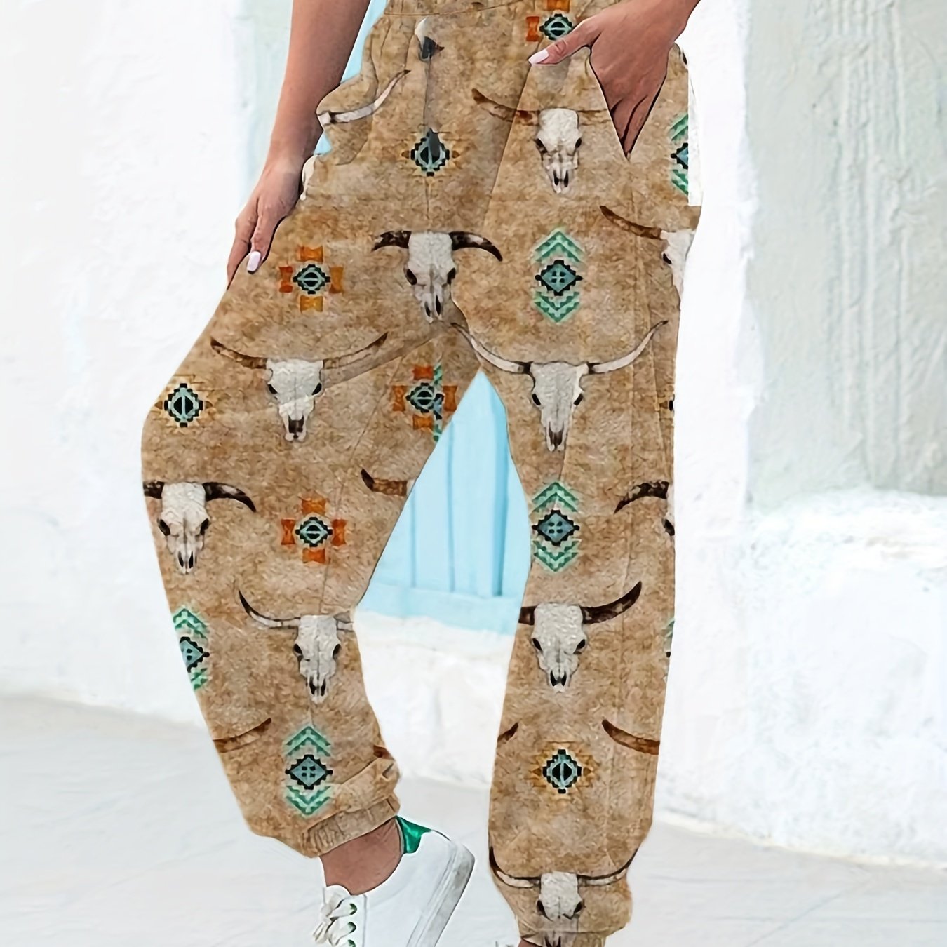  Western Style Bull Skull Print Joggers