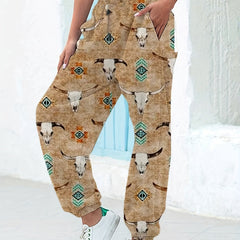  Western Style Bull Skull Print Joggers