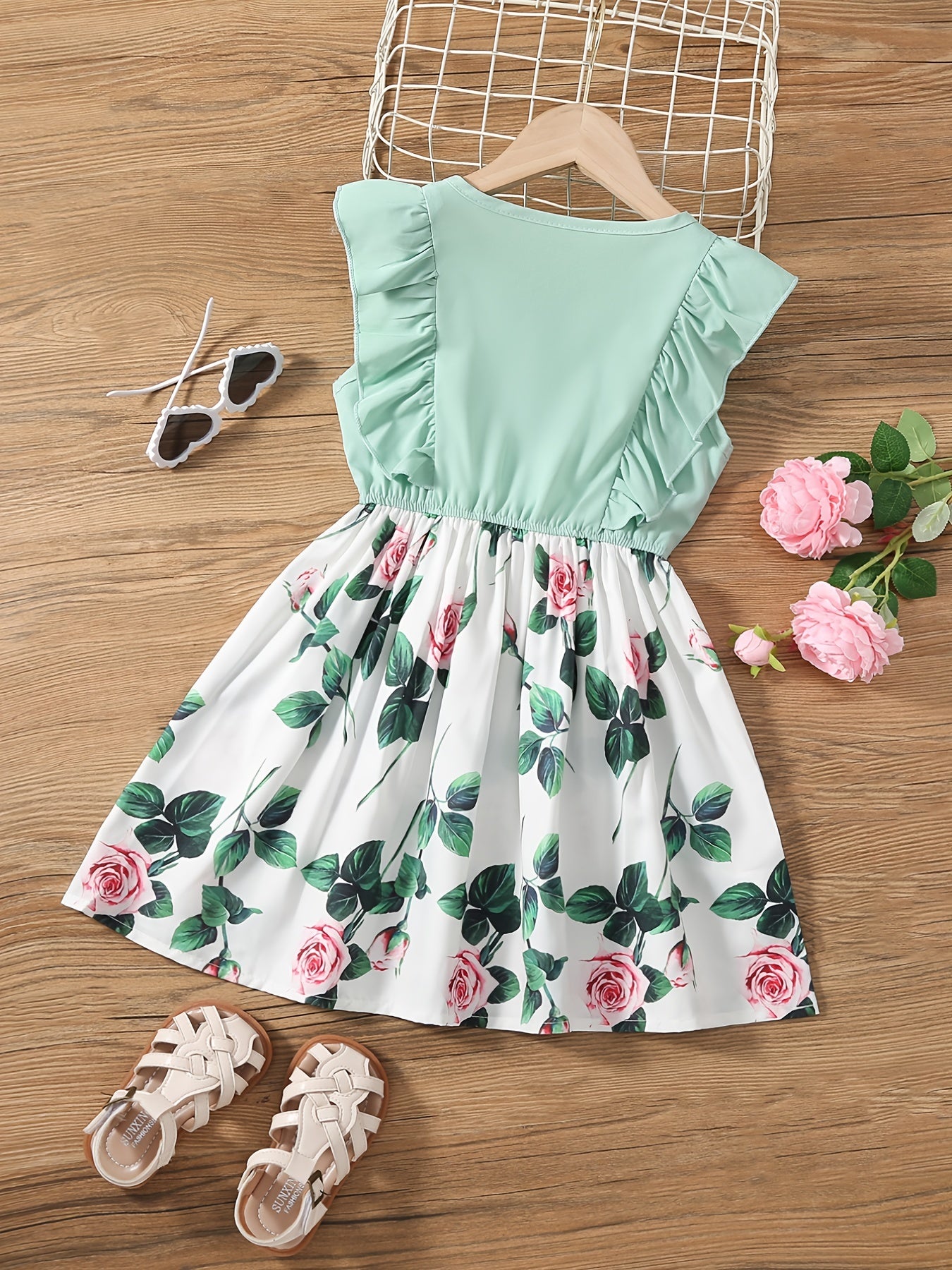 Girls Sleeveless Ruffles Crew Neck Button Flowers Print Bow Decor Princess Dress