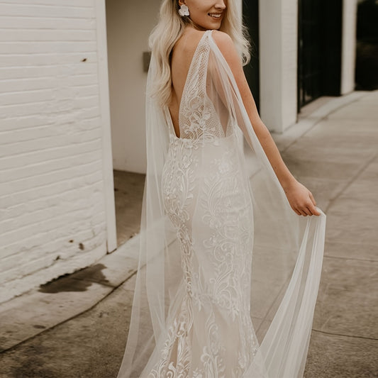 Sheer Bridal Cape Long Soft Tulle Wedding Shawl for Boho Ceremony