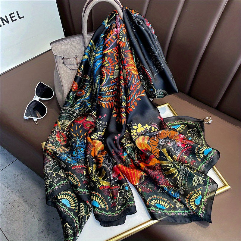 Vintage Phoenix Tree Print Satin Silk Scarf