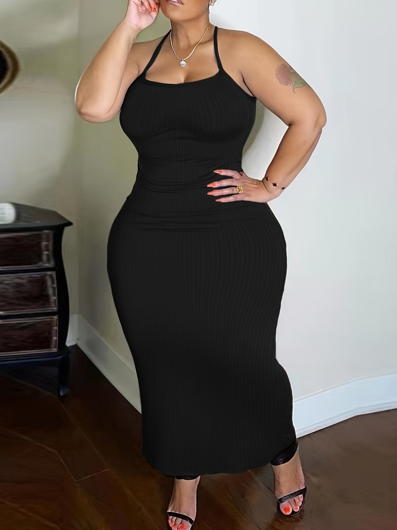  Solid Ribbed Cross Back Maxi Dress
