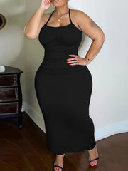 Solid Ribbed Cross Back Maxi Dress