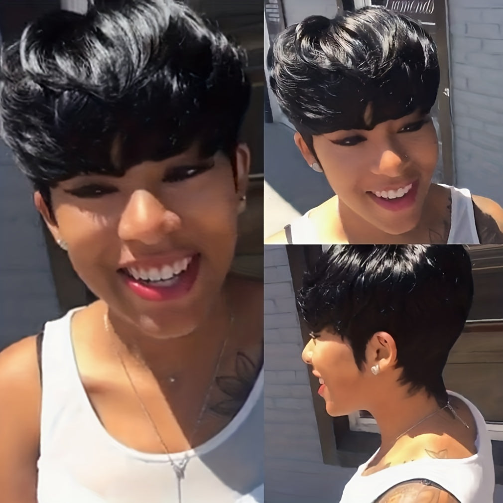 Short Pixie Cut Wig With Bangs Natural Straight Hair Synthetic Wigs For Women