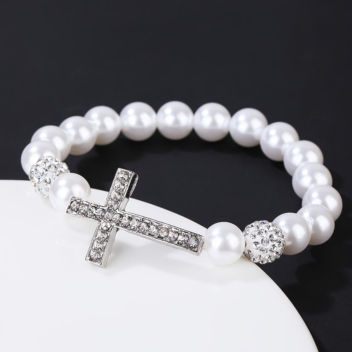 Faux Pearls Cross Bracelet Rhinestone Inlay Women Girls
