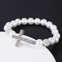 Faux Pearls Cross Bracelet Rhinestone Inlay Women Girls