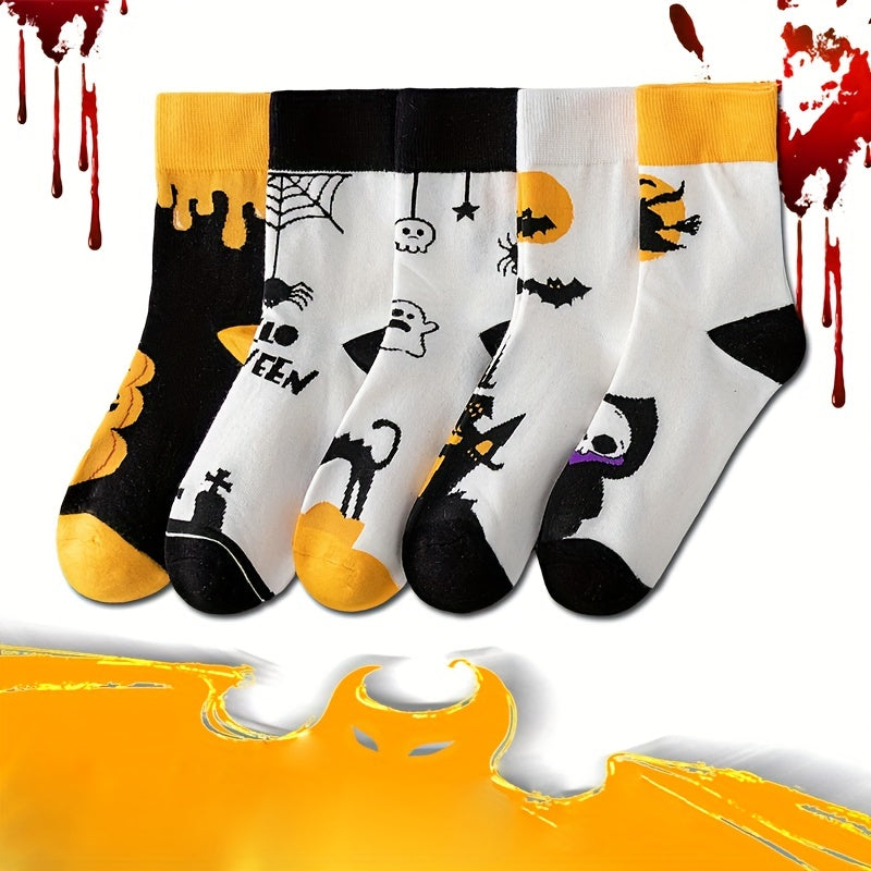 5 Pairs Pumpkin & Skull Print Halloween Socks Women's Stockings