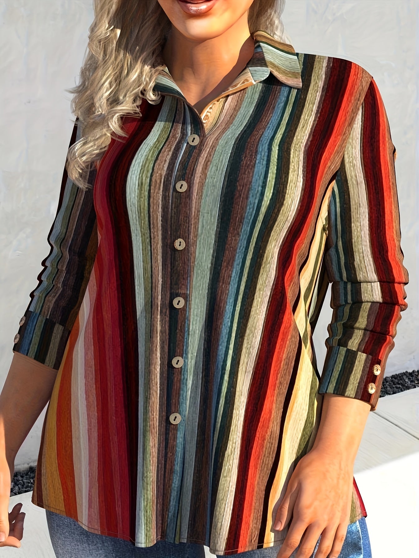  Colorful Stripe Print Button Up Shirt Top