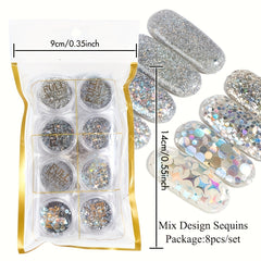 8 Boxes Holographic Nail Powder Nail Art Sequins Set Silver Nail Glitter Powder