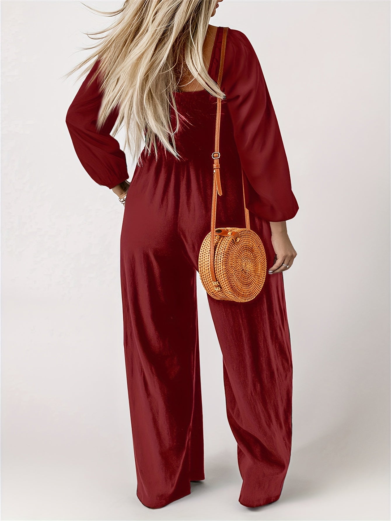  Solid Shirred Long Sleeve Wide Leg Jumpsuit