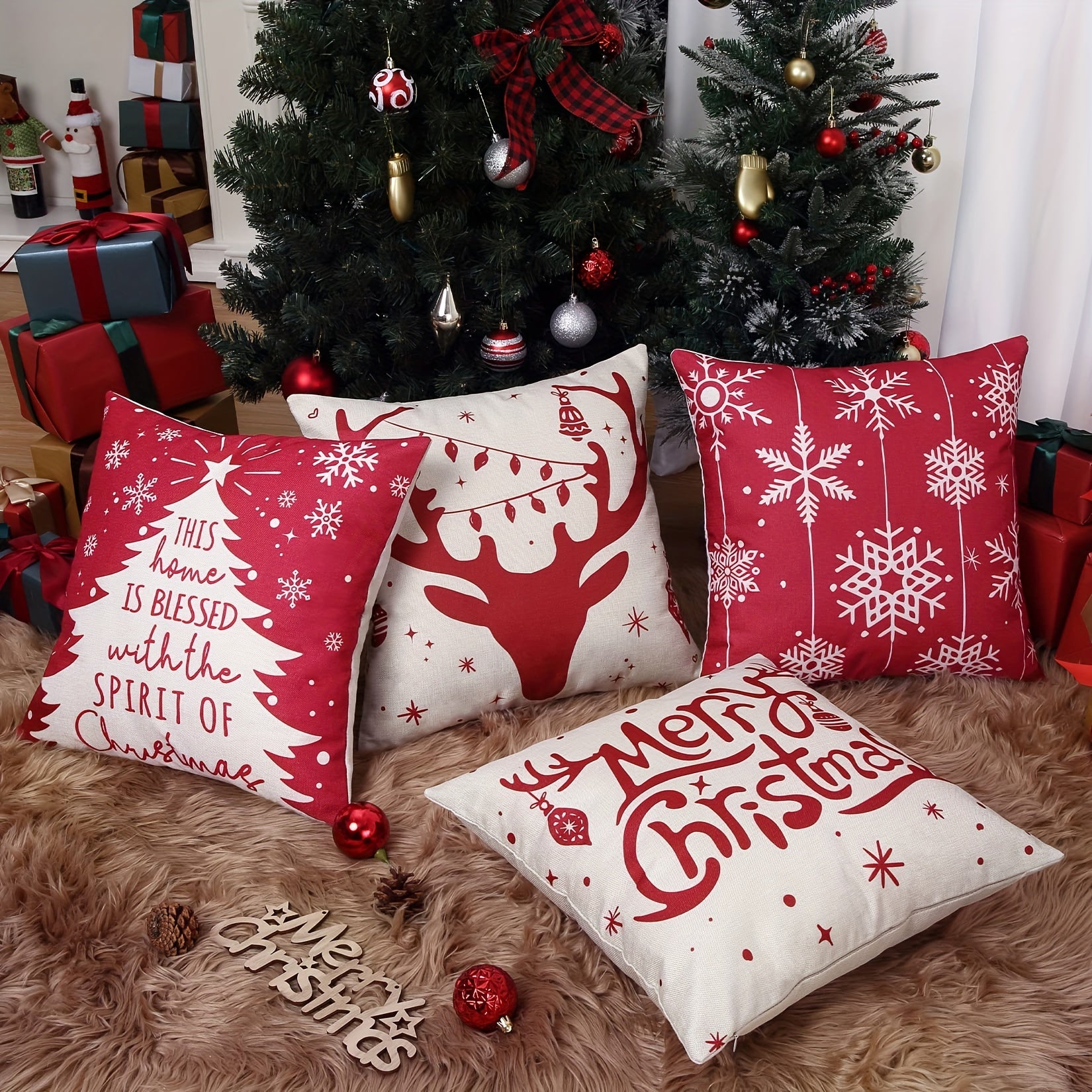 4pcs Christmas Linen Blend Cushion Cover 18''x18'' Zipper Printed Pillow Cover