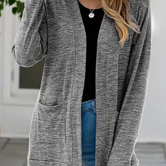  Heathered Long Sleeve Open Front Cardigan With Pockets