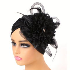 Feather Flower Decor Turban Cap Head Wrap Elastic Beanie Headscarf