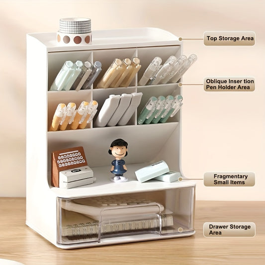 Pen Holder Desktop Storage Rack with 7 Compartments and 1 Drawer