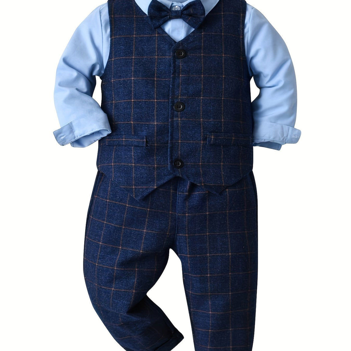 Boys Plaid Outfit Set with Bowtie Shirt & Pants