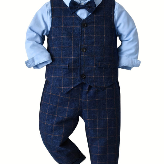 Boys Plaid Outfit Set with Bowtie Shirt & Pants