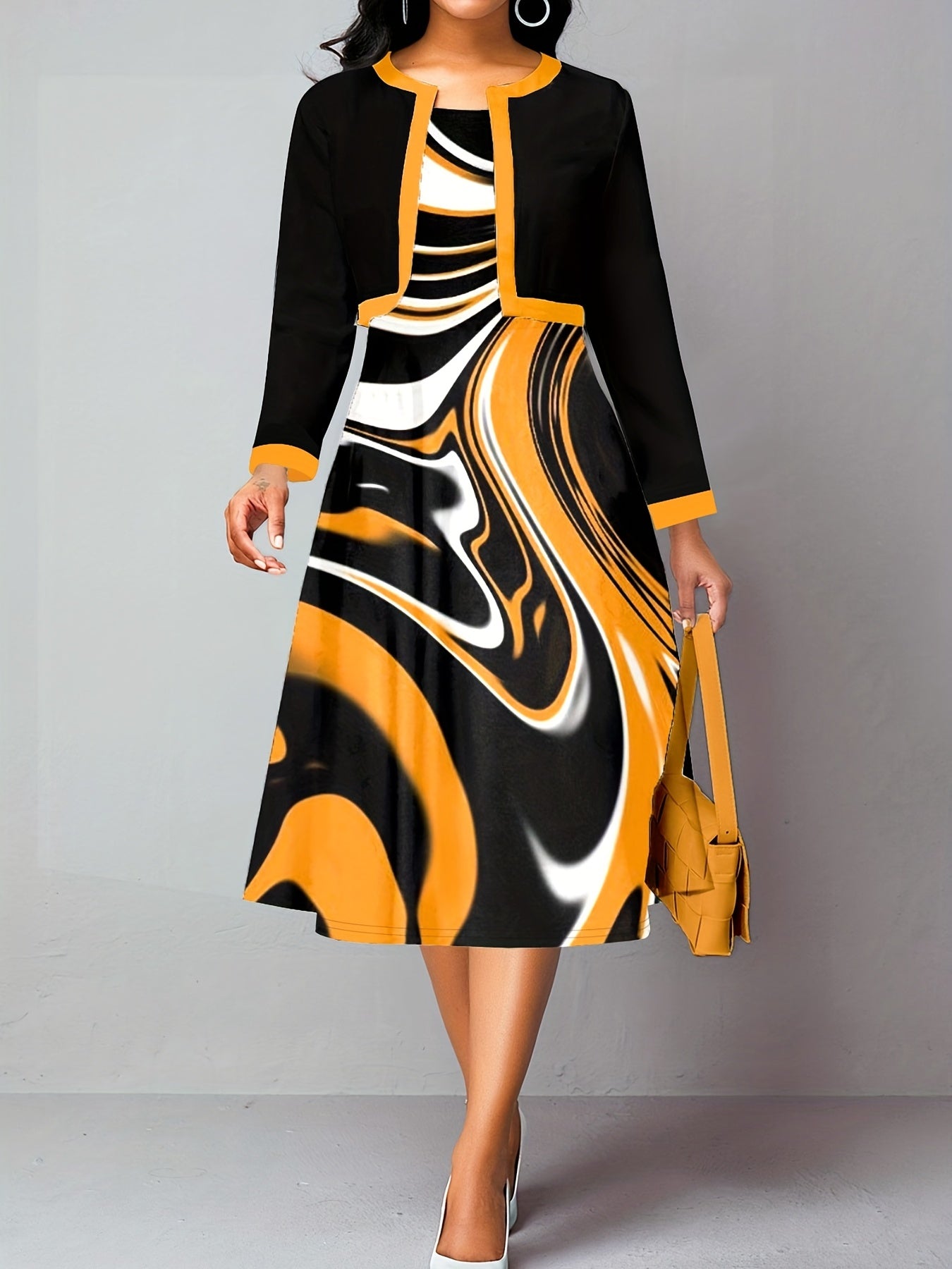Contrast Trim Crop Jacket & Floral Print Dress Set Women's Outfits