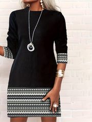  Colorblock Geo Print Long Sleeve Round Neck Dress