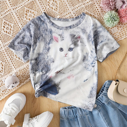Cat 3D Print Girls T Shirt Lightweight Short Sleeve Tee for Summer