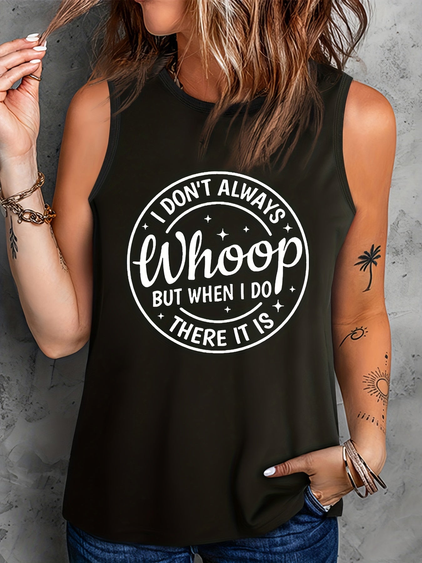  Casual Tank Top Women's Plus Slogan Print Round Neck