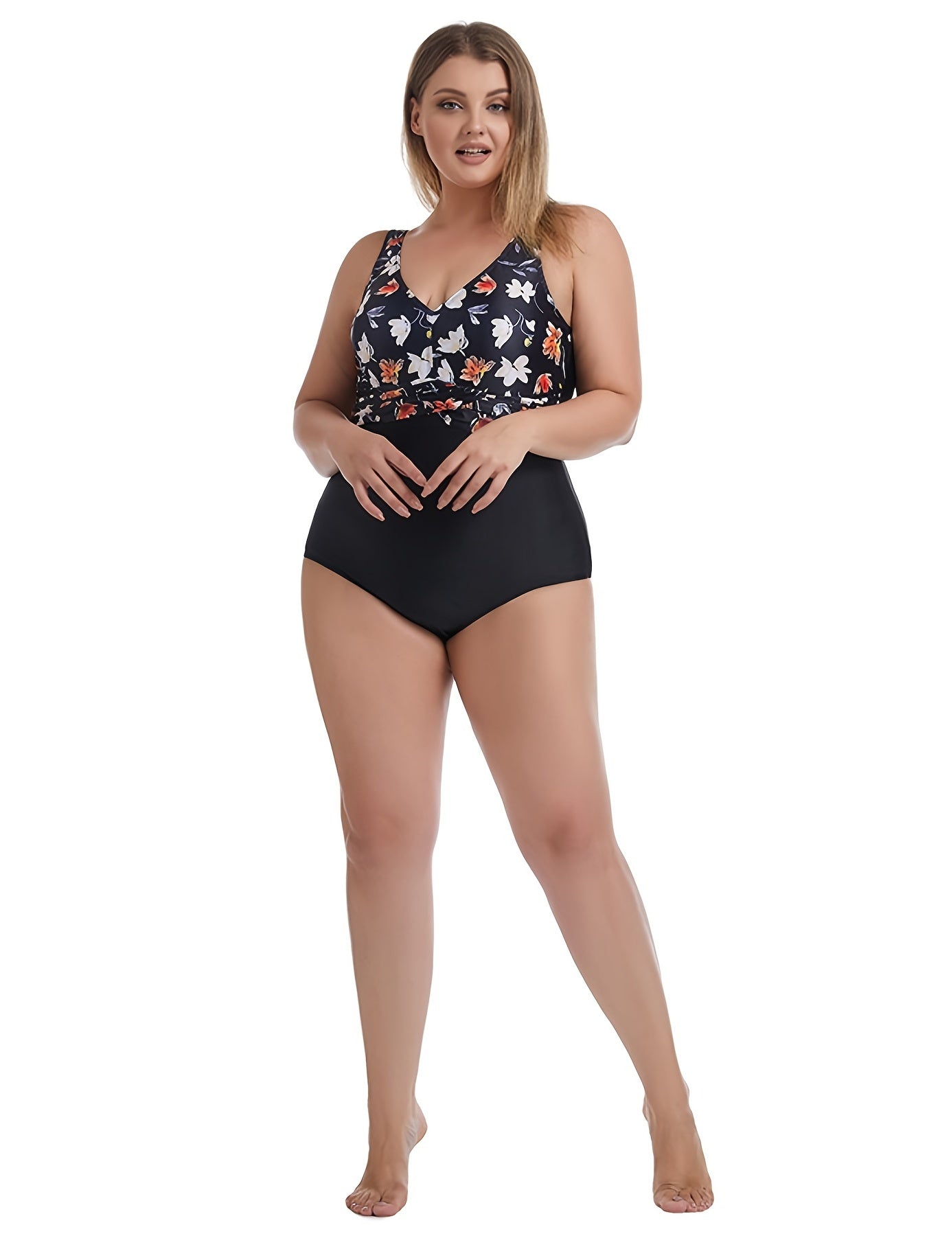 Colorblock Floral Print One Piece Swimsuit Plus Size