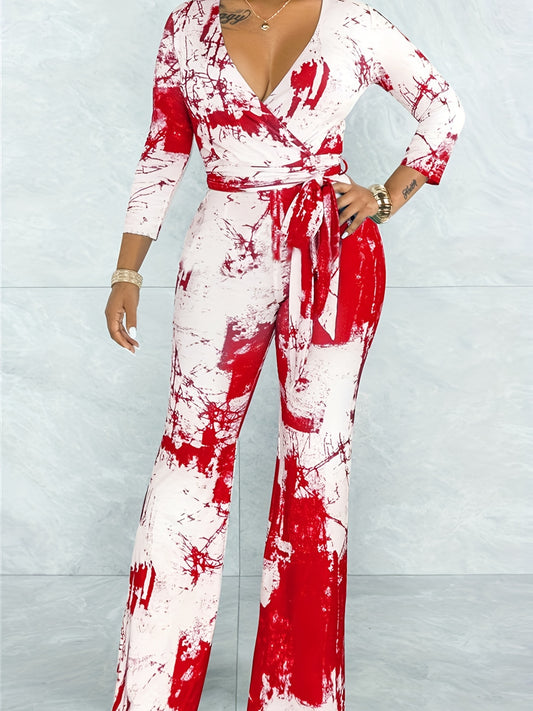  Tie Dye Three Quarter Sleeve Jumpsuit With Belt